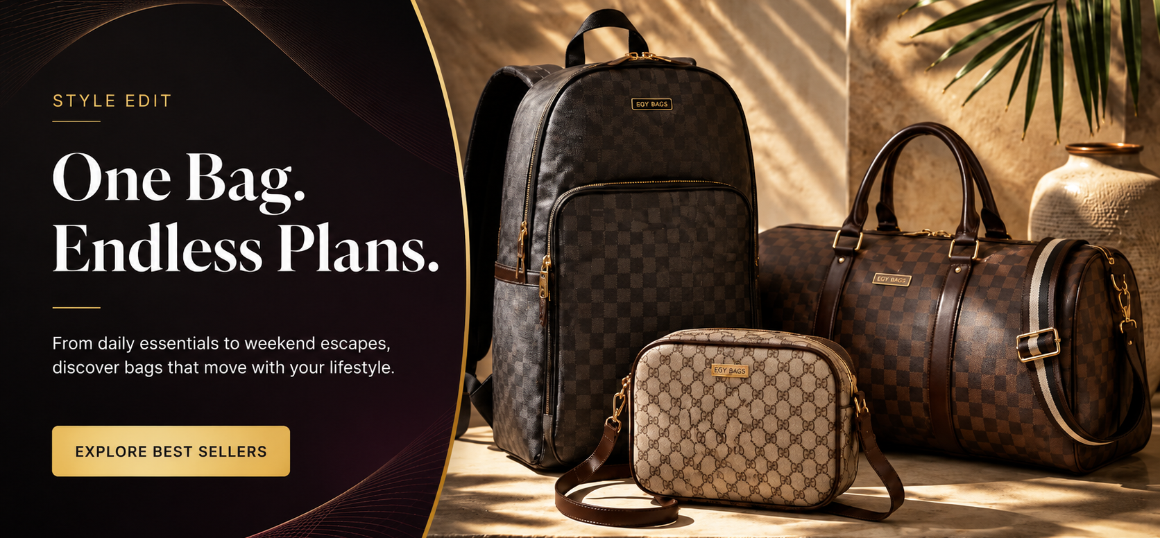 A promotional banner showing three brown monogram handbags and a backpack on a styled set with warm lighting, a vase, and a plant. The left side includes text reading 'One Bag.