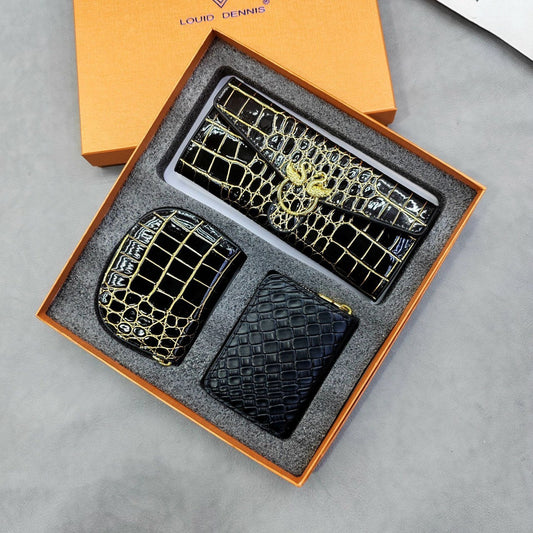 "LOUID DENNIS" Luxury Black Croco & Woven Embossed Leather 3-Piece Gift Set with Gold Hardware