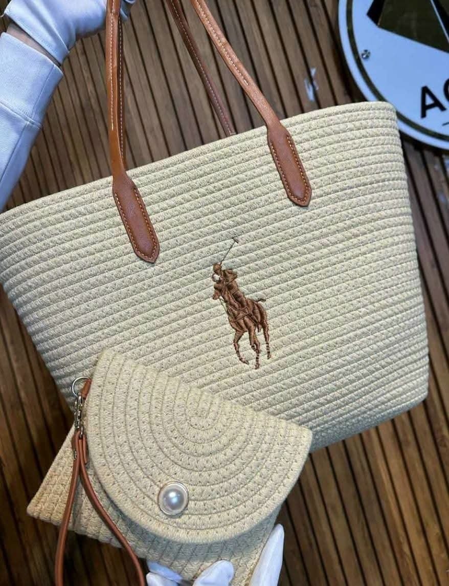 Polo Ralph Lauren Woven Straw Tote & Pouch Set