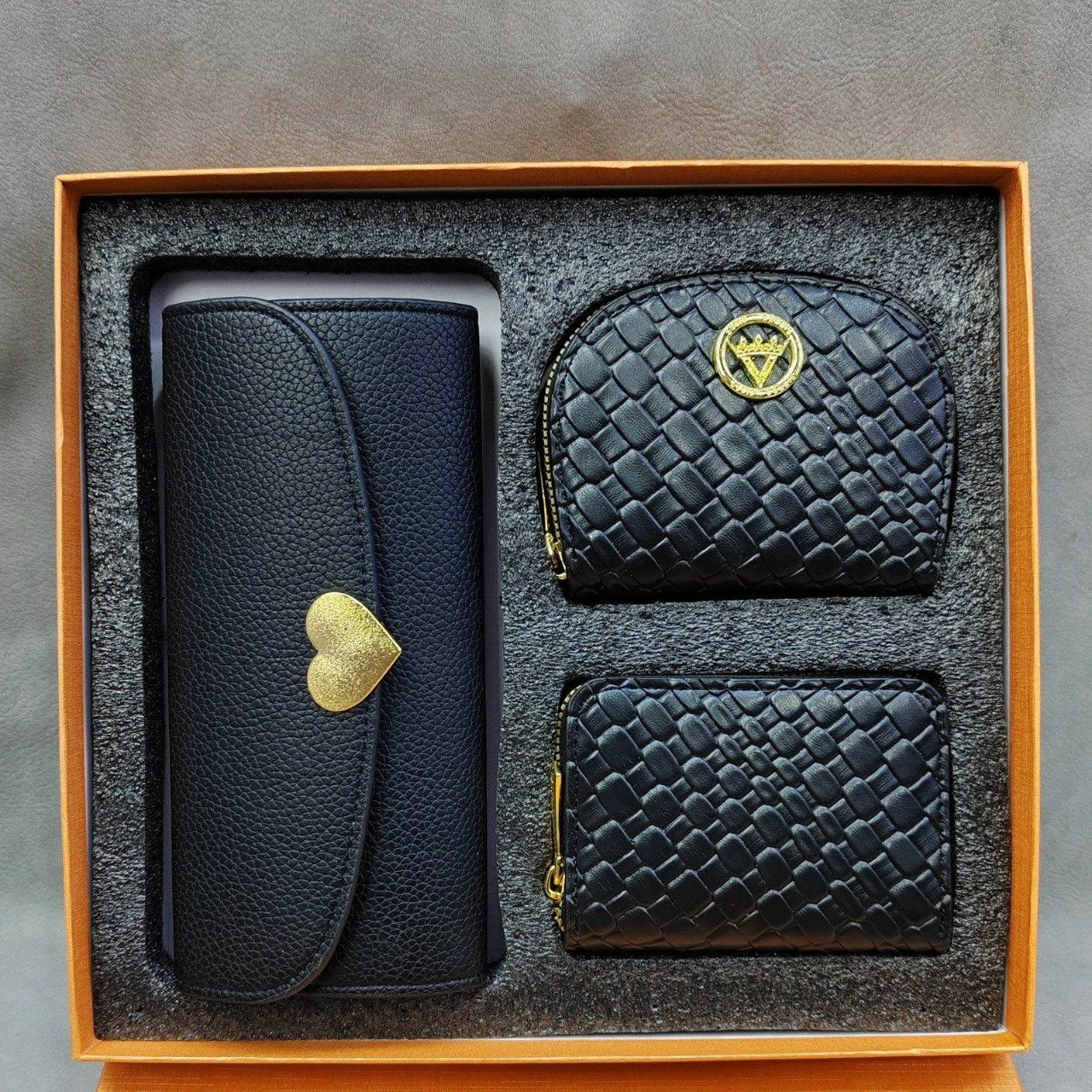 Grey / Black Heart-Accented Wallet Trio