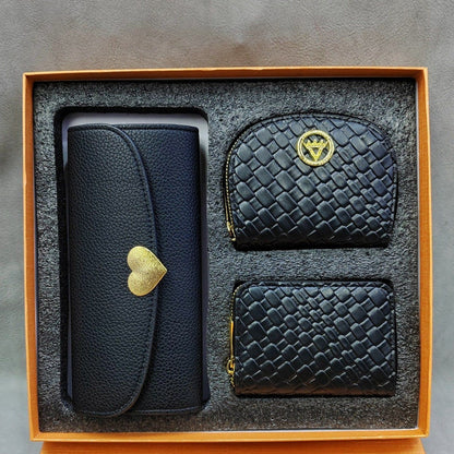 Grey / Black Heart-Accented Wallet Trio